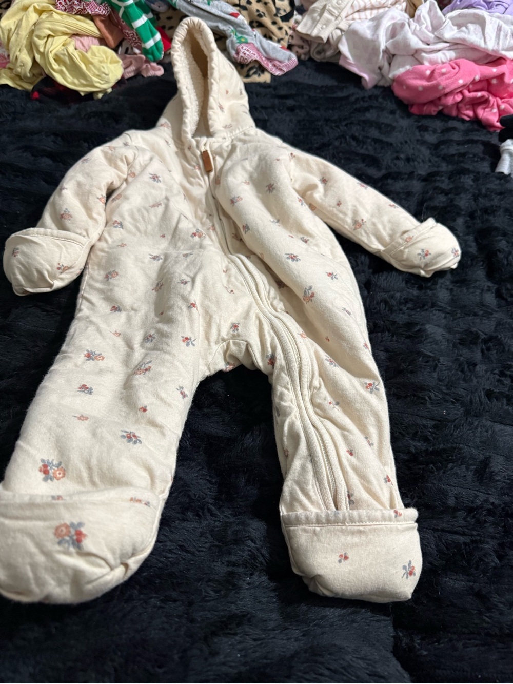 Cream Floral Hooded Fur Lined Baby One-Piece Snowsuit